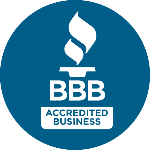 BBB Accredited Business logo in blue circle with white torch and text