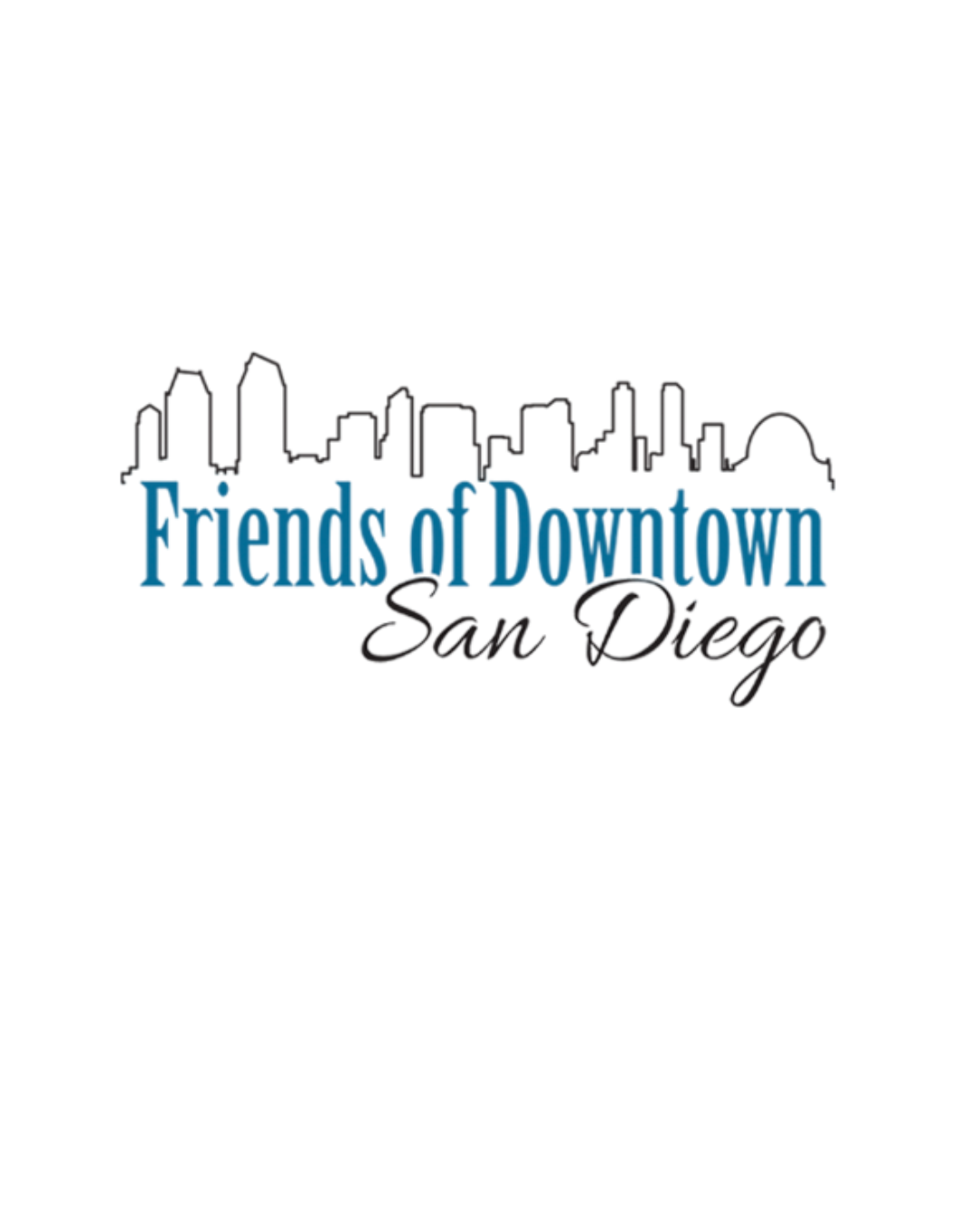 Logo for Friends of Downtown San Diego with a teal and black skyline and text.