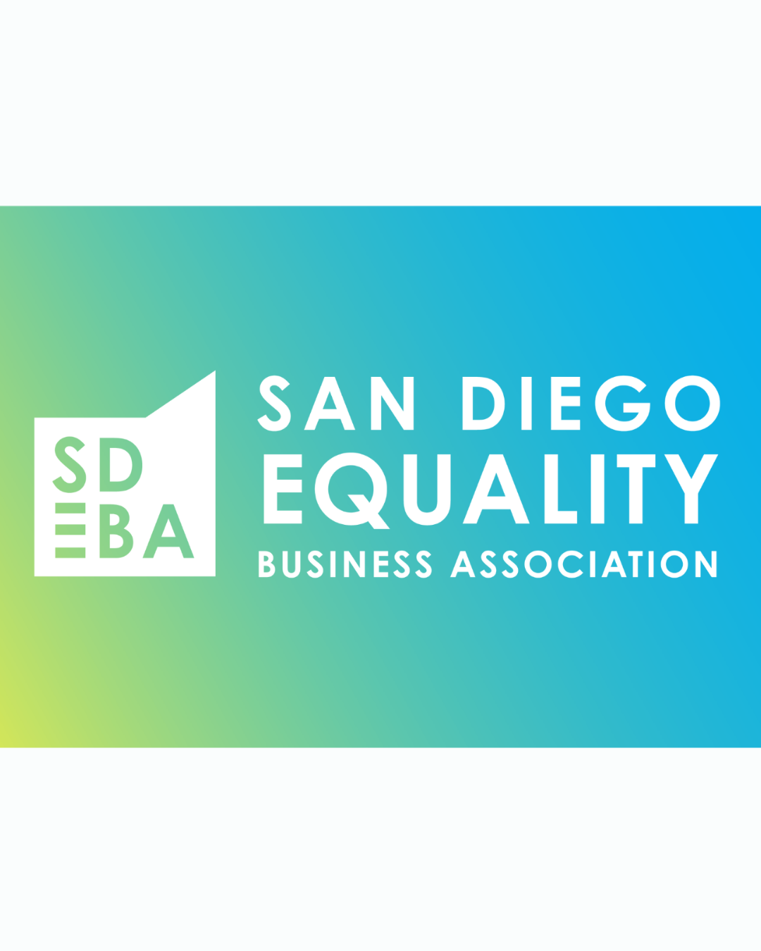 Logo for San Diego Equality Business Association; text on a blue/green gradient background.