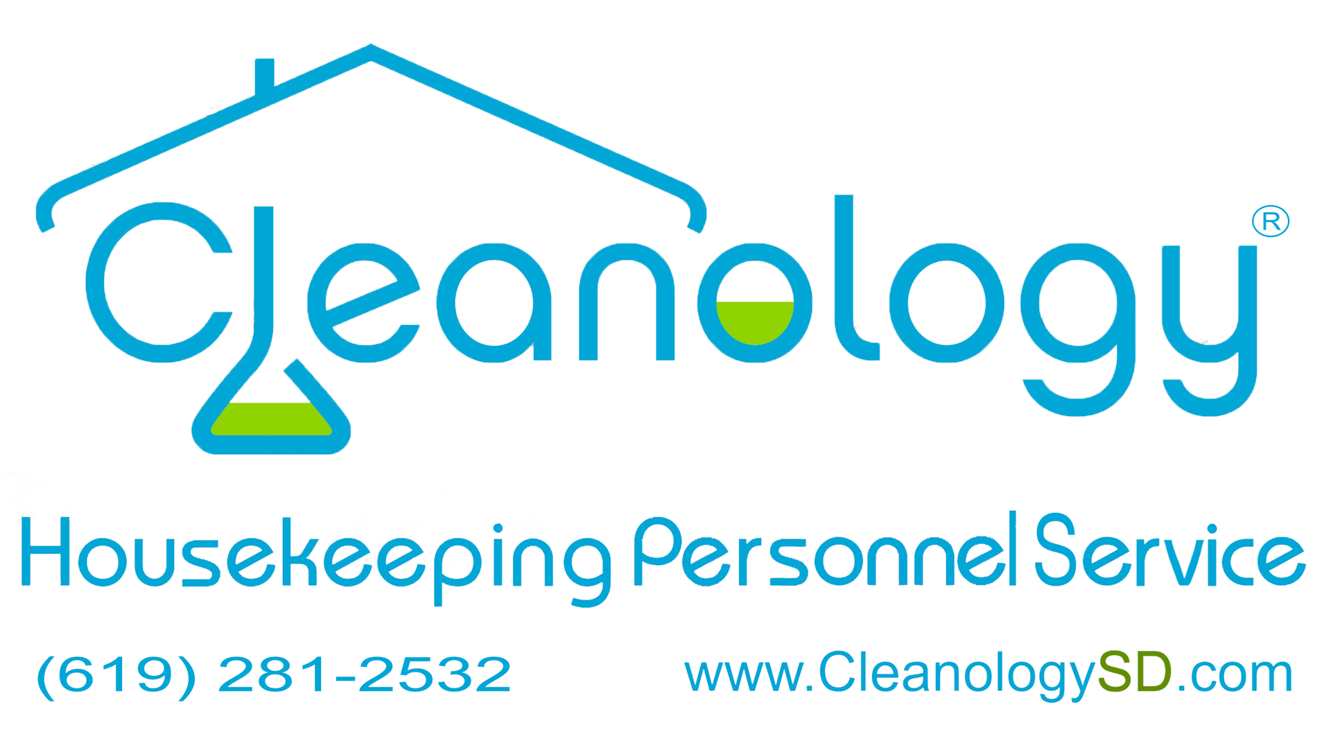 Cleanology logo with blue text and green-yellow accent, Housekeeping Personnel Service, phone and website.