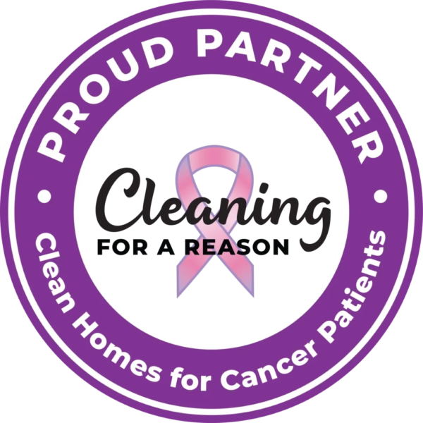 Purple circular logo reading “Proud Partner” and “Clean Homes for Cancer Patients” with pink ribbon and “Cleaning for a Reason”