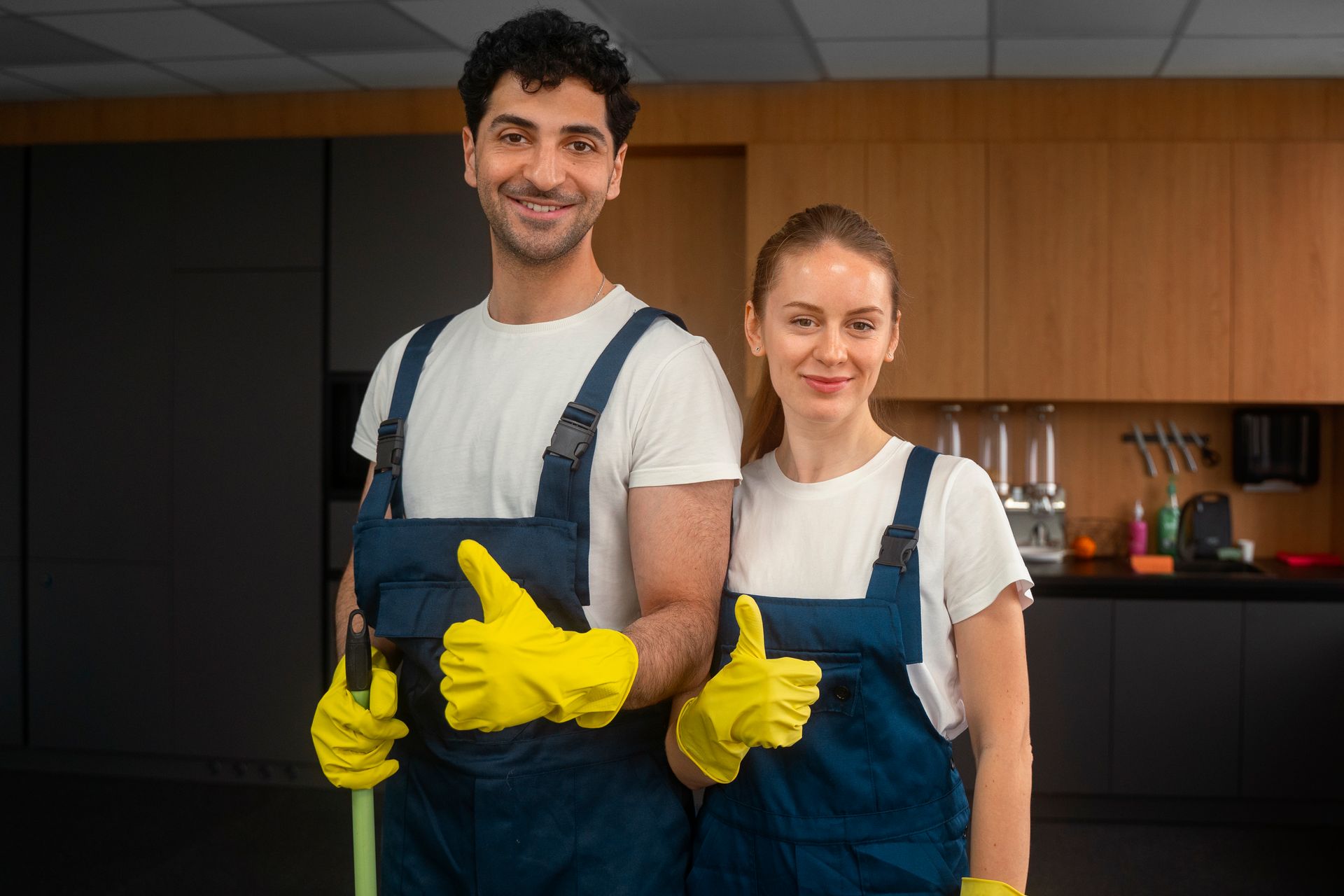 A man and a woman are giving a thumbs up in a kitchen.