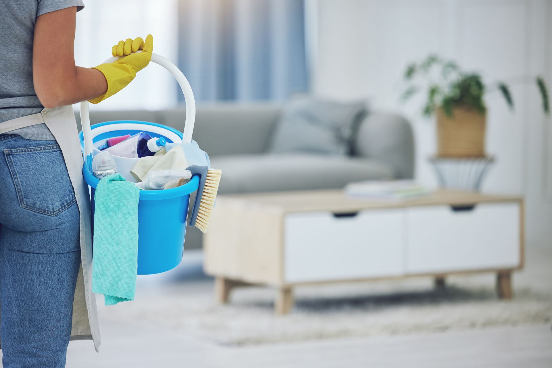 A woman is holding a bucket of cleaning supplies in a living room.