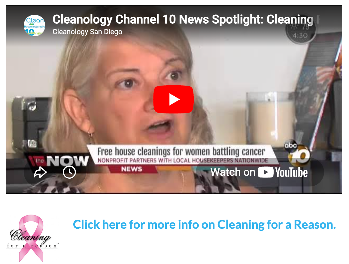 YouTube video thumbnail about cleaning for a reason, showing a woman and cancer-awareness news banner