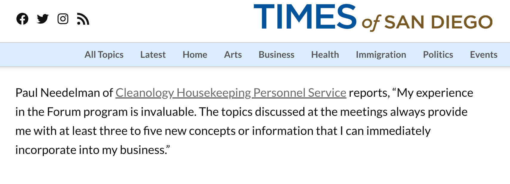 Times of San Diego article header with headline quote and blue site logo on white background