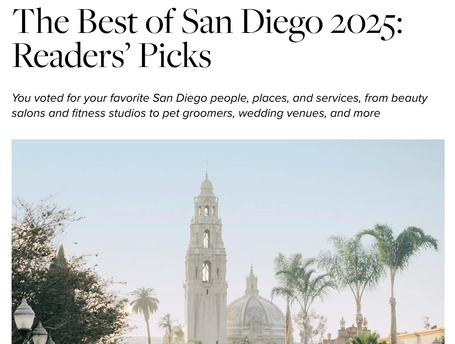 The Best of San Diego 2025 Readers' Picks cover with a pale church tower and palm trees