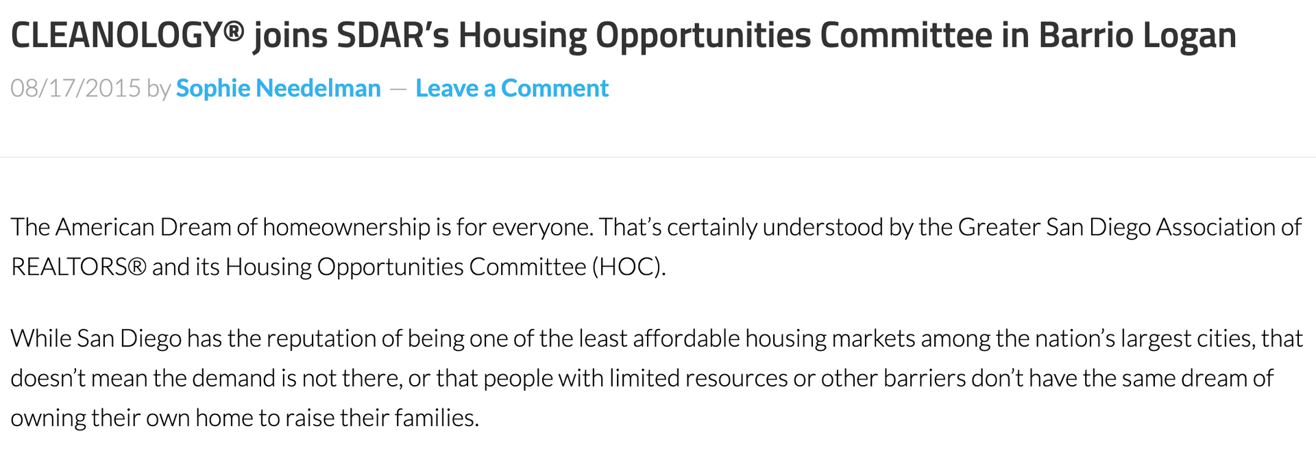 Screenshot of a news article about CLEANLOGY joining SDAR’s Housing Opportunities Committee in Barrio Logan