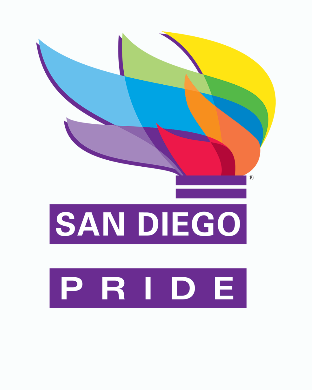 San Diego Pride logo: torch with rainbow flames over a purple box reading