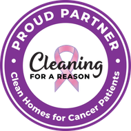 Purple circular badge reading “Proud Partner Cleaning for a Reason” and “Clean Homes for Cancer Patients” with pink ribbon.