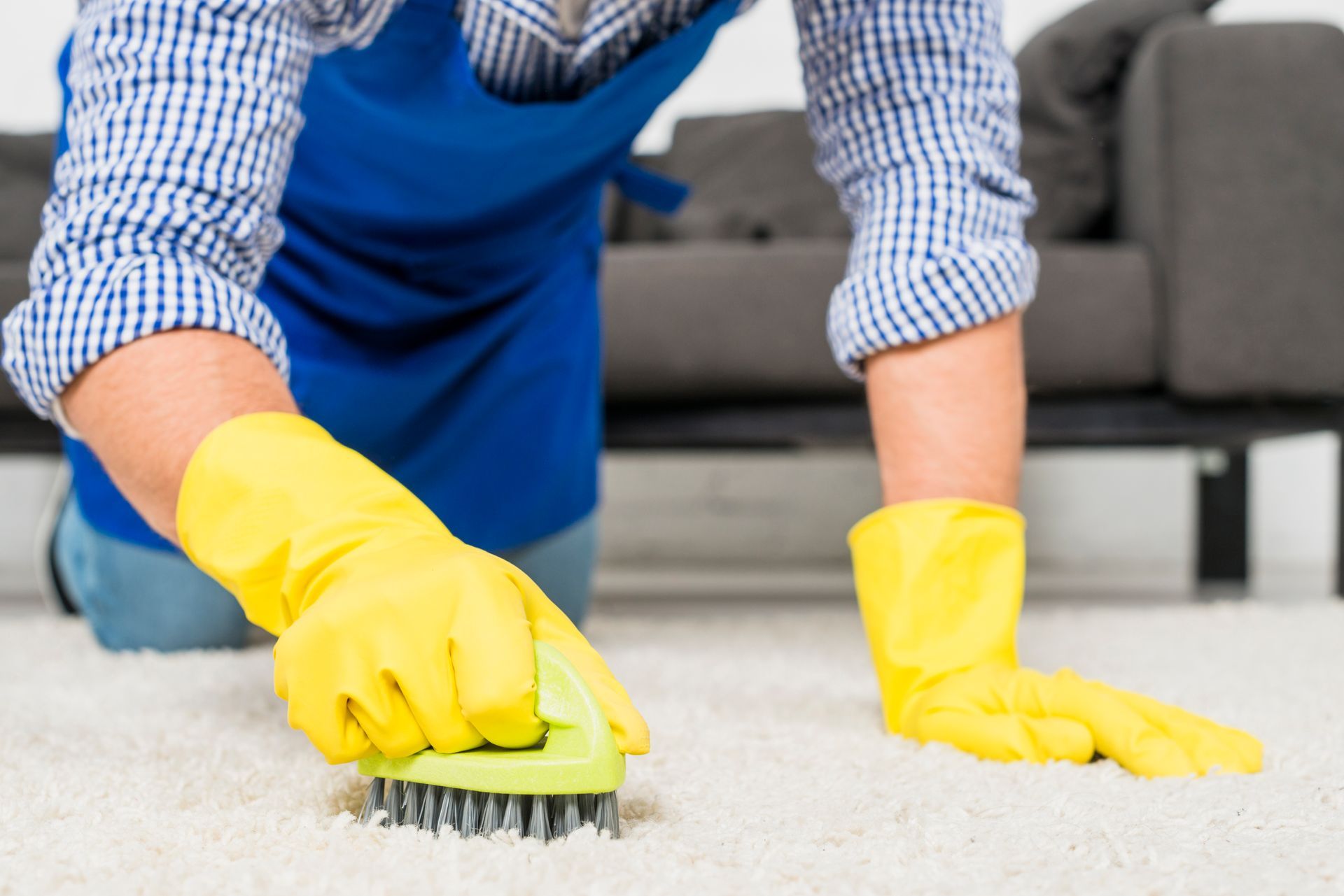 A person wearing yellow gloves is cleaning a carpet with a brush.