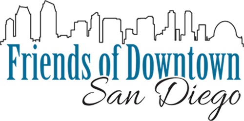 Friends of Downtown San Diego logo with skyline outline above blue and black text