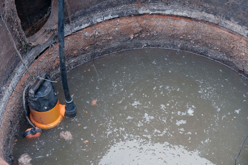 A well filled with water and a pump in it.