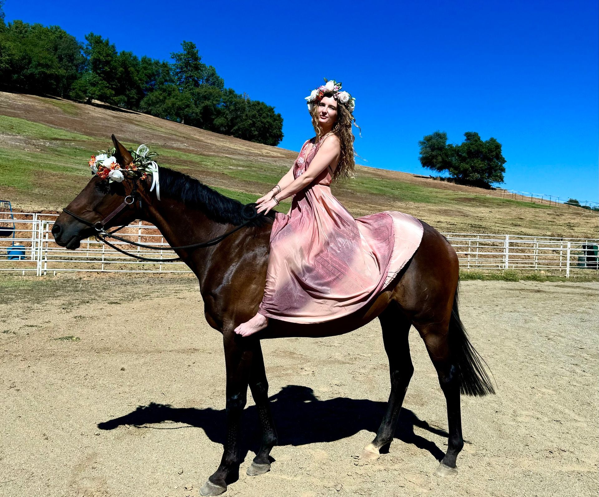 Woman on brown horse in a field, wearing a flower crown and pink dress.