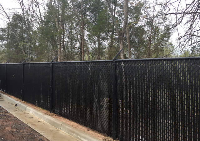 Black chain link fence with trees in the background.