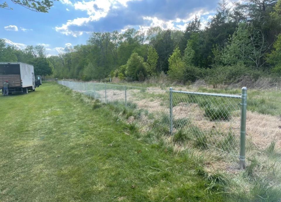 Chain-link fence along a grassy field. Trees in the background under a cloudy sky.