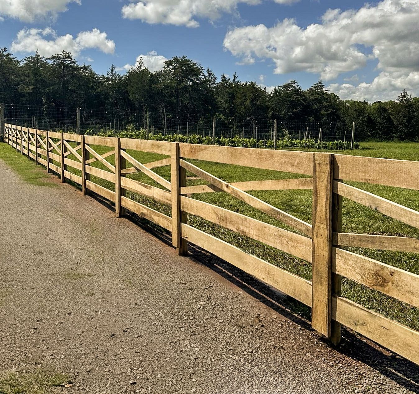 Wooden fence along a gravel path, green field beyond, trees and blue sky background.