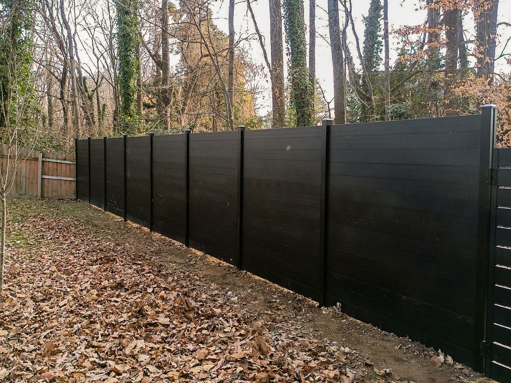 Dark wood privacy fence in a wooded area with fallen leaves.