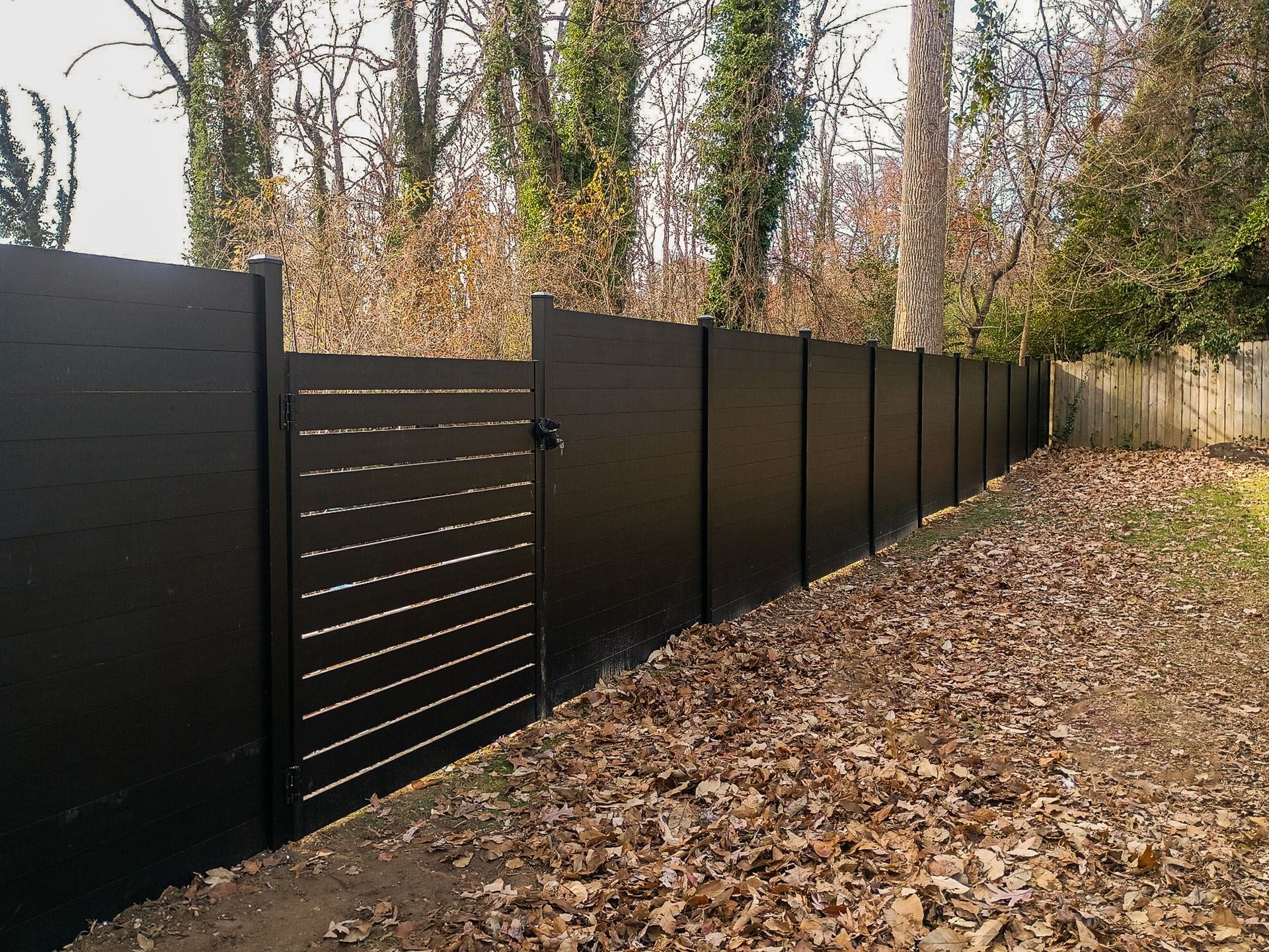 Black wooden fence with gate in front of trees and fallen leaves.