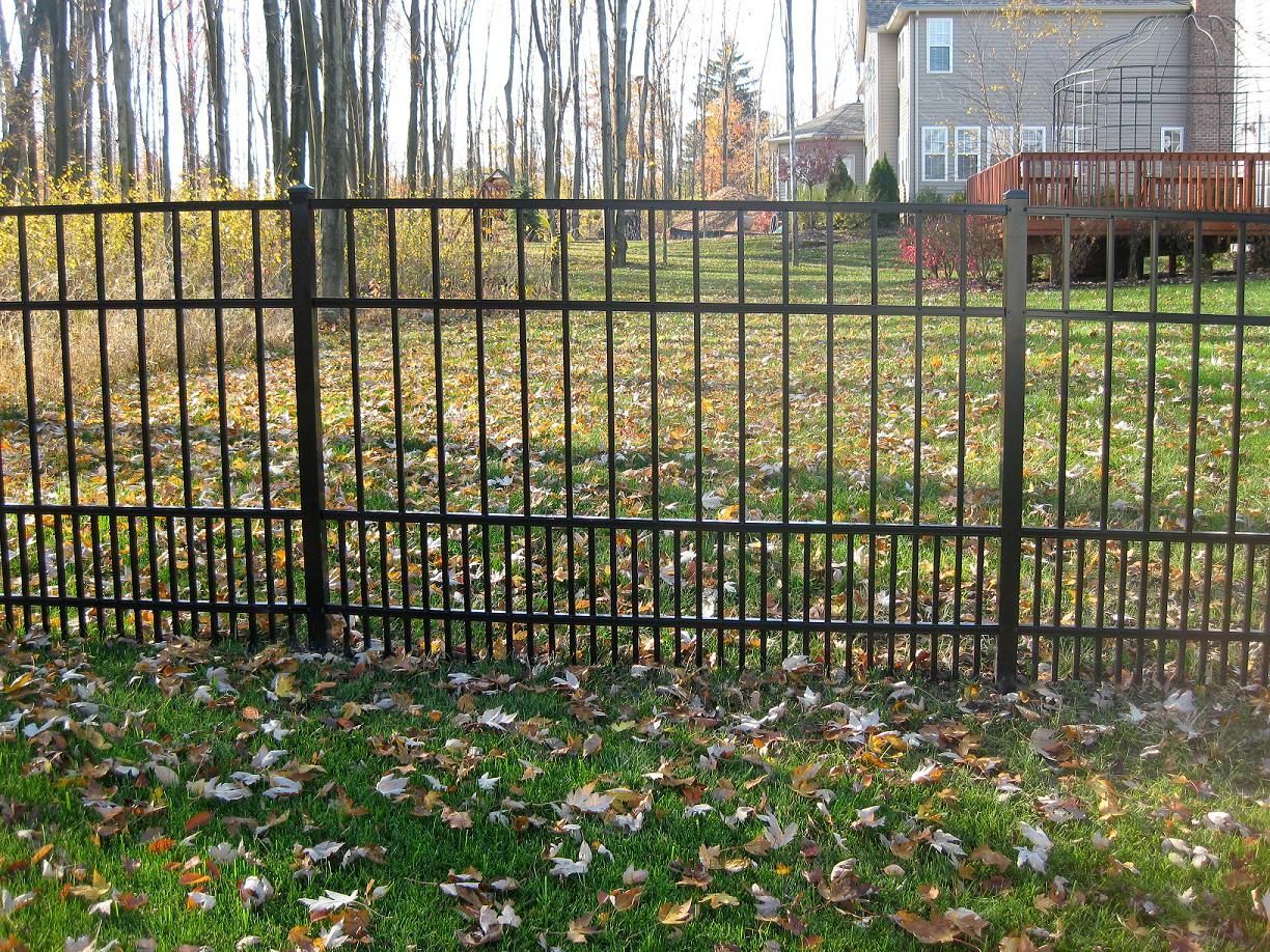 Black metal fence in a yard with fallen leaves, trees, and a house in the background.