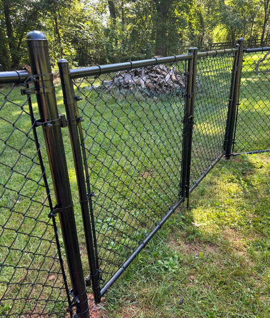 Black chain link fence in a grassy yard, with a forest in the background.