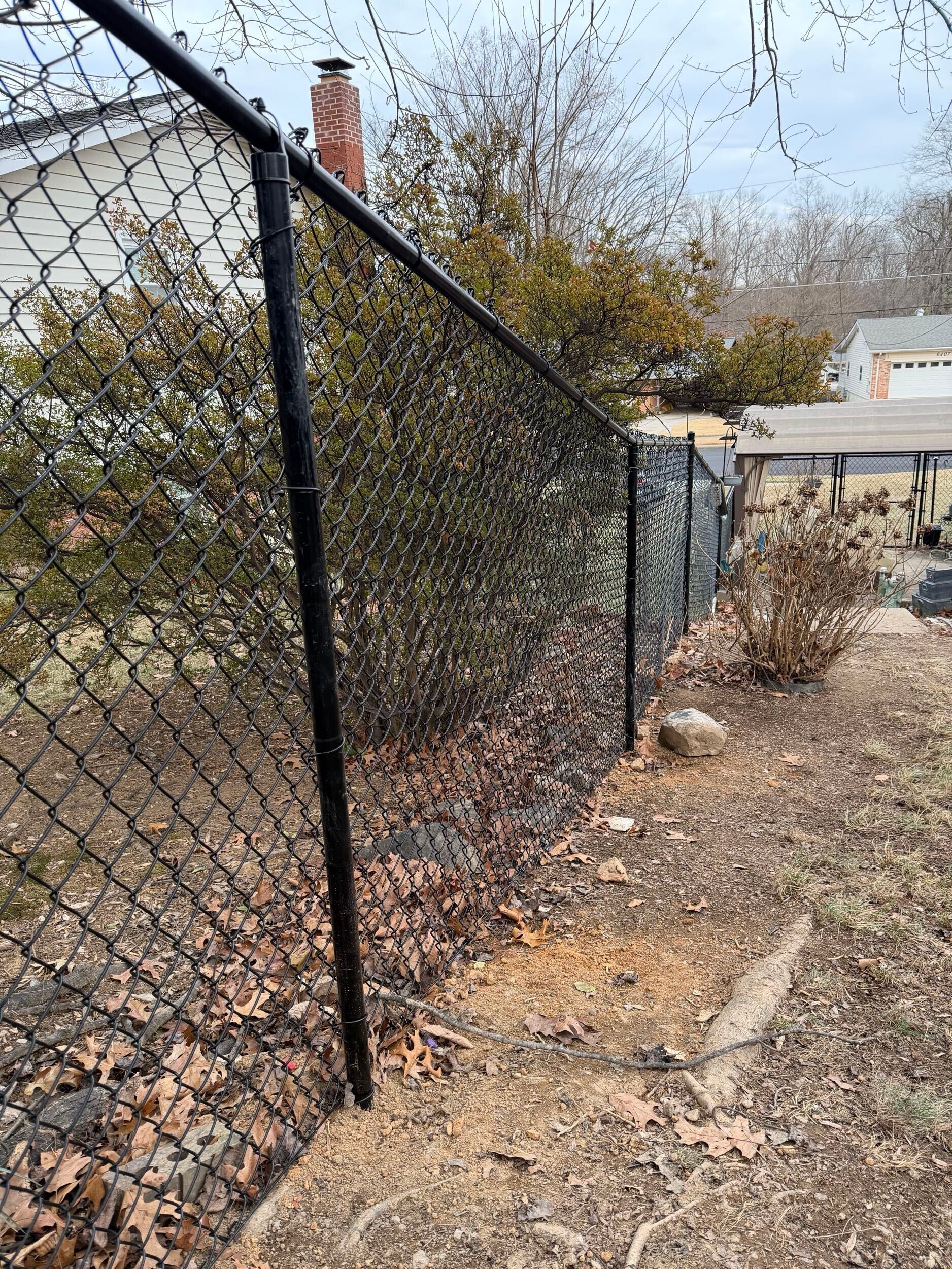 Black chain link fence bordering a yard with brown leaves, bushes, and a brick chimney in the background.