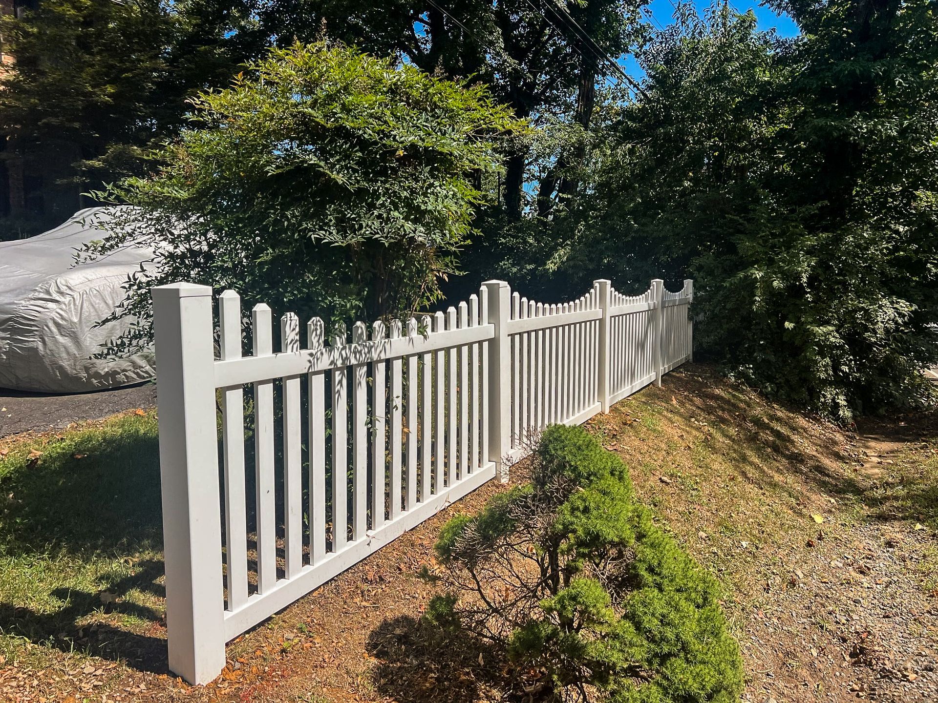 White picket fence bordering a yard with a car cover and trees in the background.