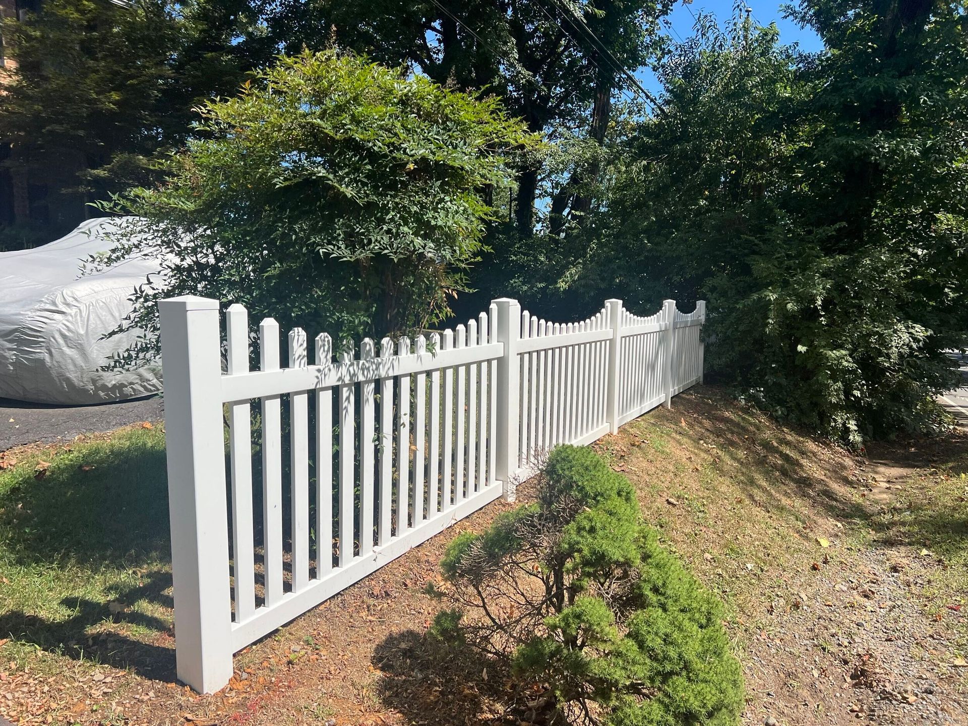 White picket fence bordering a grassy area with trees and a car covered by a tarp in the background.