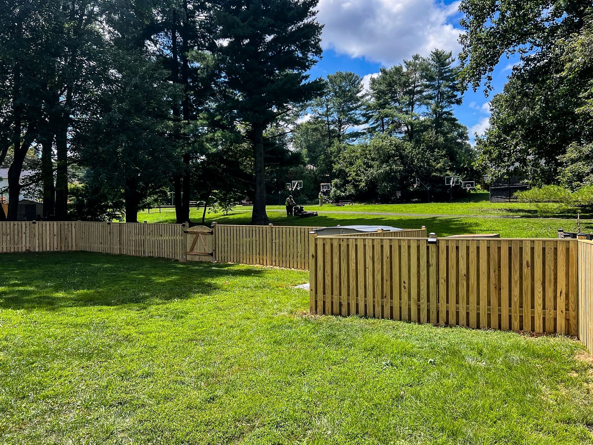 Wooden fence enclosing grassy backyard with trees and blue sky.