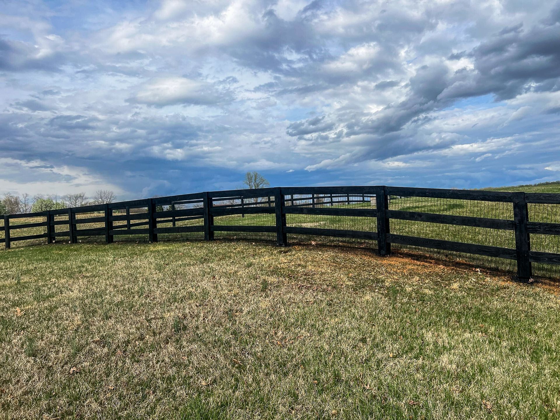 Black fence in grassy field under a cloudy sky.