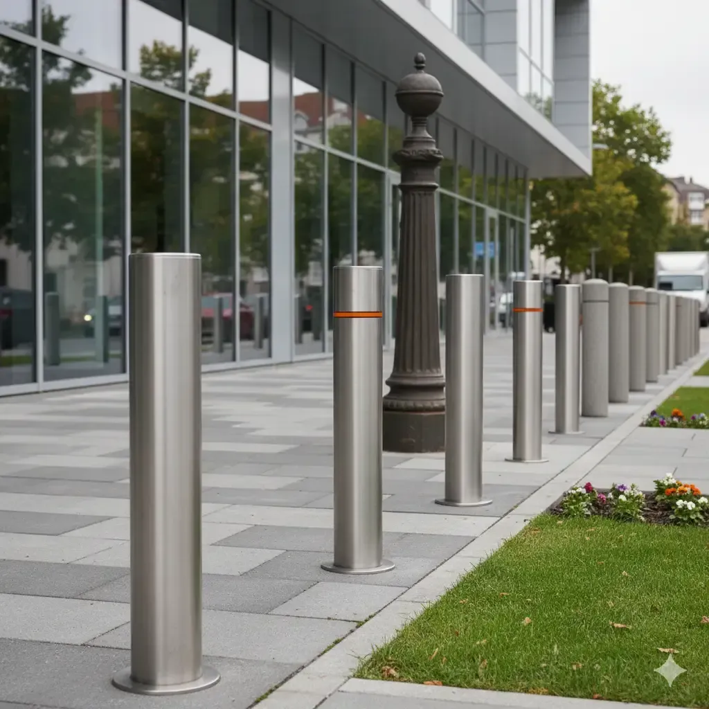 Stainless steel bollards line a sidewalk next to a building with large windows.