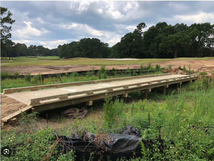 Wooden bridge spanning a grassy area, leading to a golf course green under a cloudy sky.