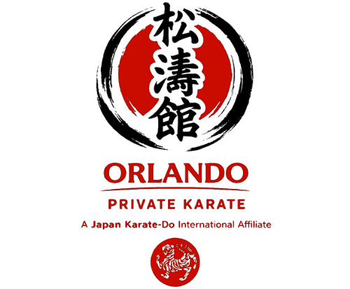 Black karate silhouette in a red circle; text 
