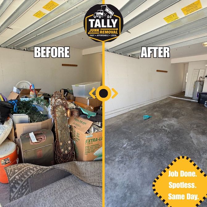 Before-and-after garage cleanup: cluttered space on left, clean empty garage on right.