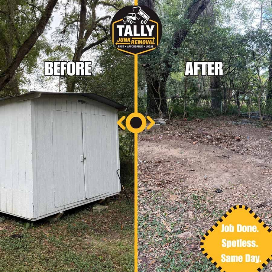 Before-and-after yard cleanup: shed beside brush, then cleared dirt area with Tally Junk Removal logo.