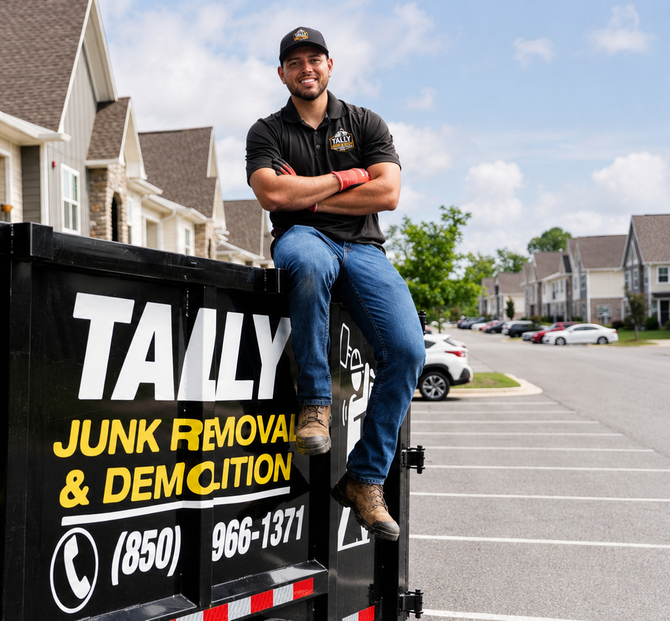 Man sitting on Tally Junk Removal & Demolition dumpster truck in a suburban street