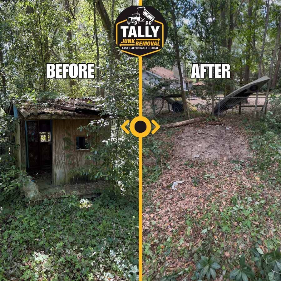 Before-and-after view of a wooded area: overgrown shed on left, cleared ground on right.