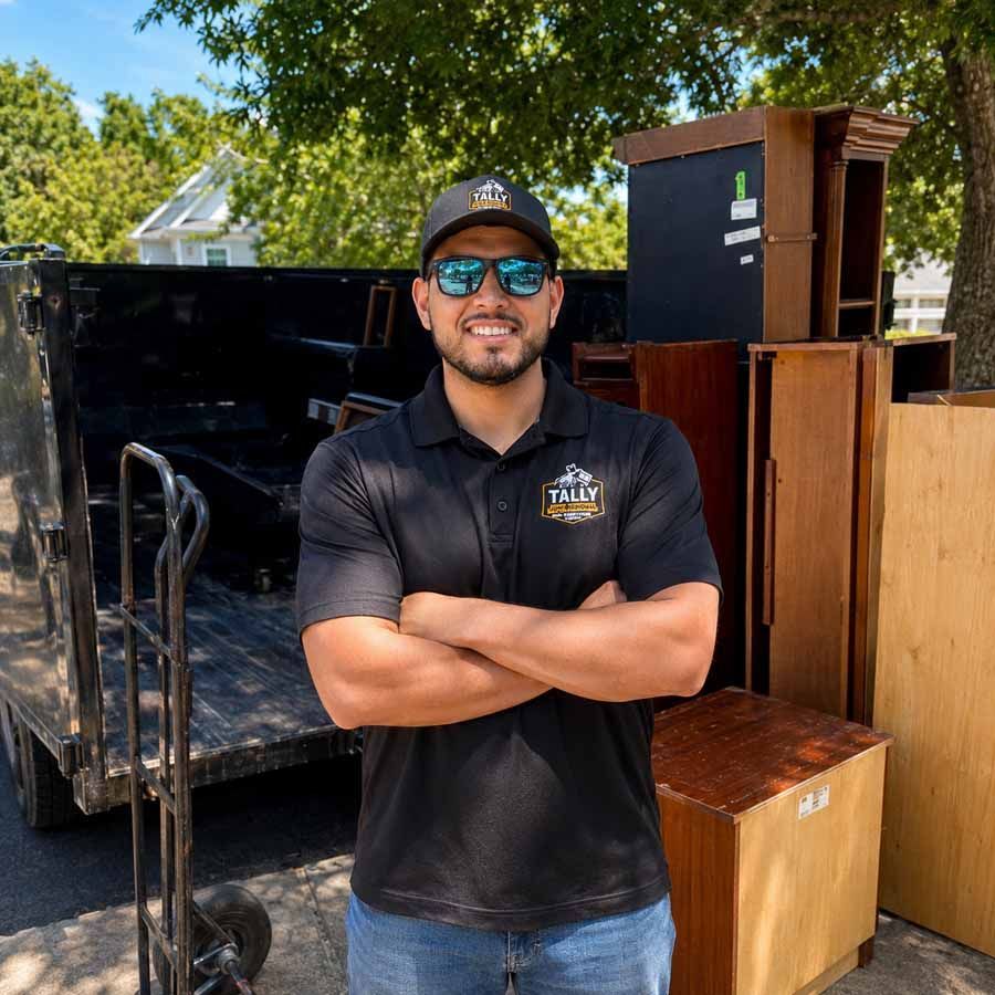 Smiling worker in black shirt and cap standing with arms crossed beside wood furniture outdoors