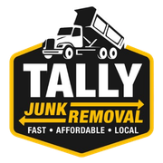 Tally Junk Removal logo with white dump truck on black and yellow shield, “Fast • Affordable • Local” text