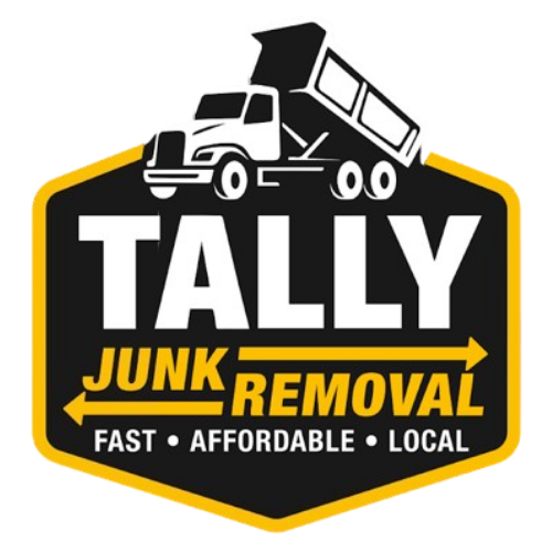 Tally Junk Removal logo with white dump truck on black and yellow shield, “Fast • Affordable • Local” text