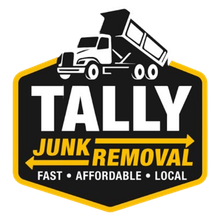 Tally Junk Removal logo with white dump truck on black and yellow shield, “Fast • Affordable • Local” text