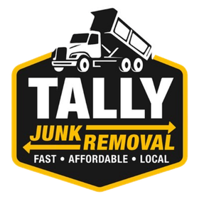 Tally Junk Removal logo with white dump truck on black and yellow shield, “Fast • Affordable • Local” text