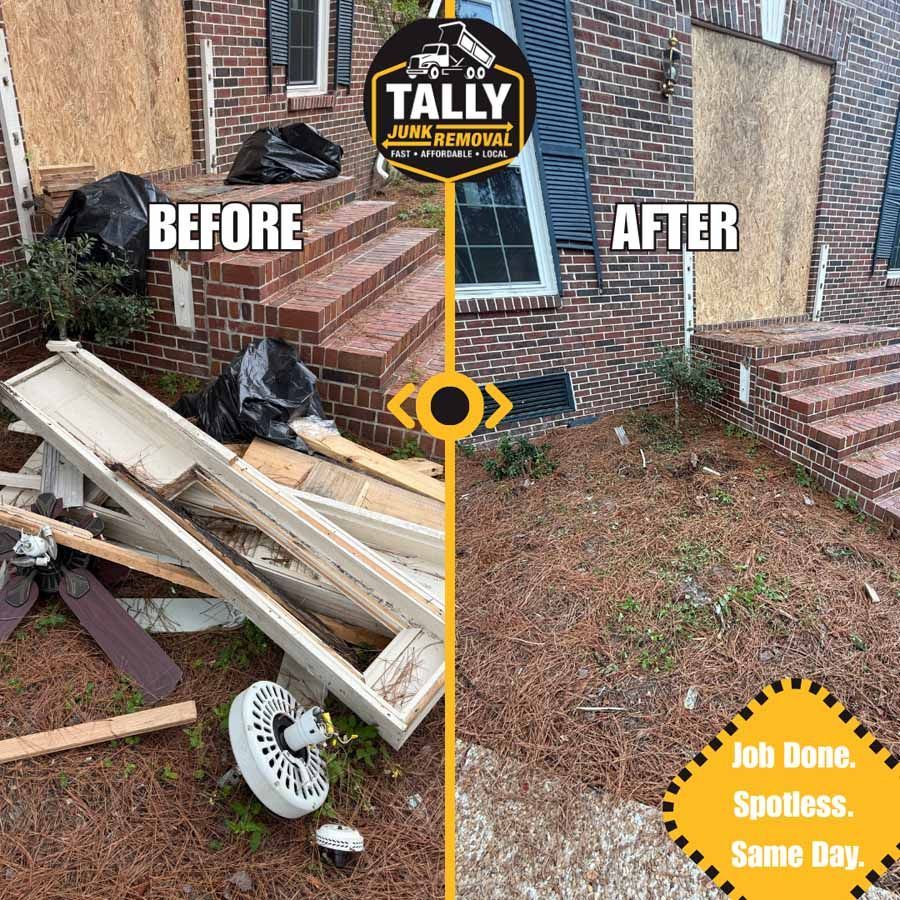 Before-and-after junk removal: cluttered porch cleaned to bare brick wall and cleared ground.