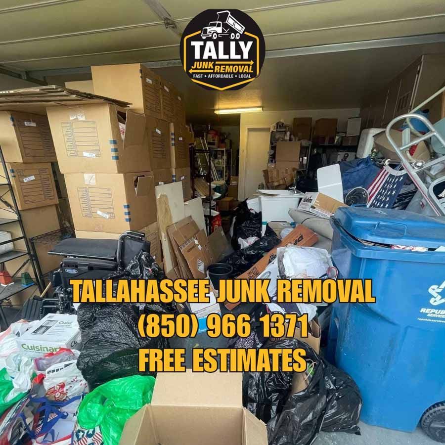 Cluttered garage packed with junk, boxes, bags, and bins; Tallahassee Junk Removal ad with phone number and free estimates