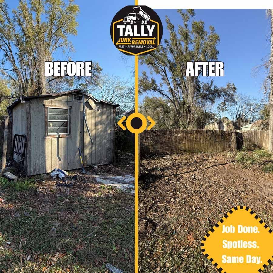 Before-and-after yard cleanup: old shed on left, cleared dirt lot on right.