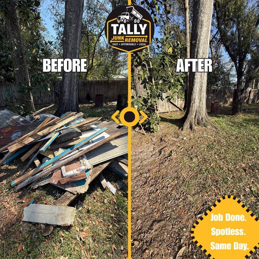 Before-and-after yard cleanup: wood debris pile on left, cleared yard on right.