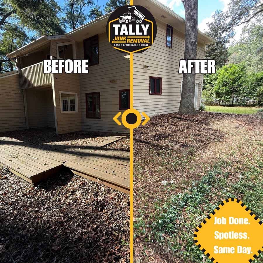 Before-and-after yard cleanup: porch and house exterior with cleared ground and landscaped mulch area.