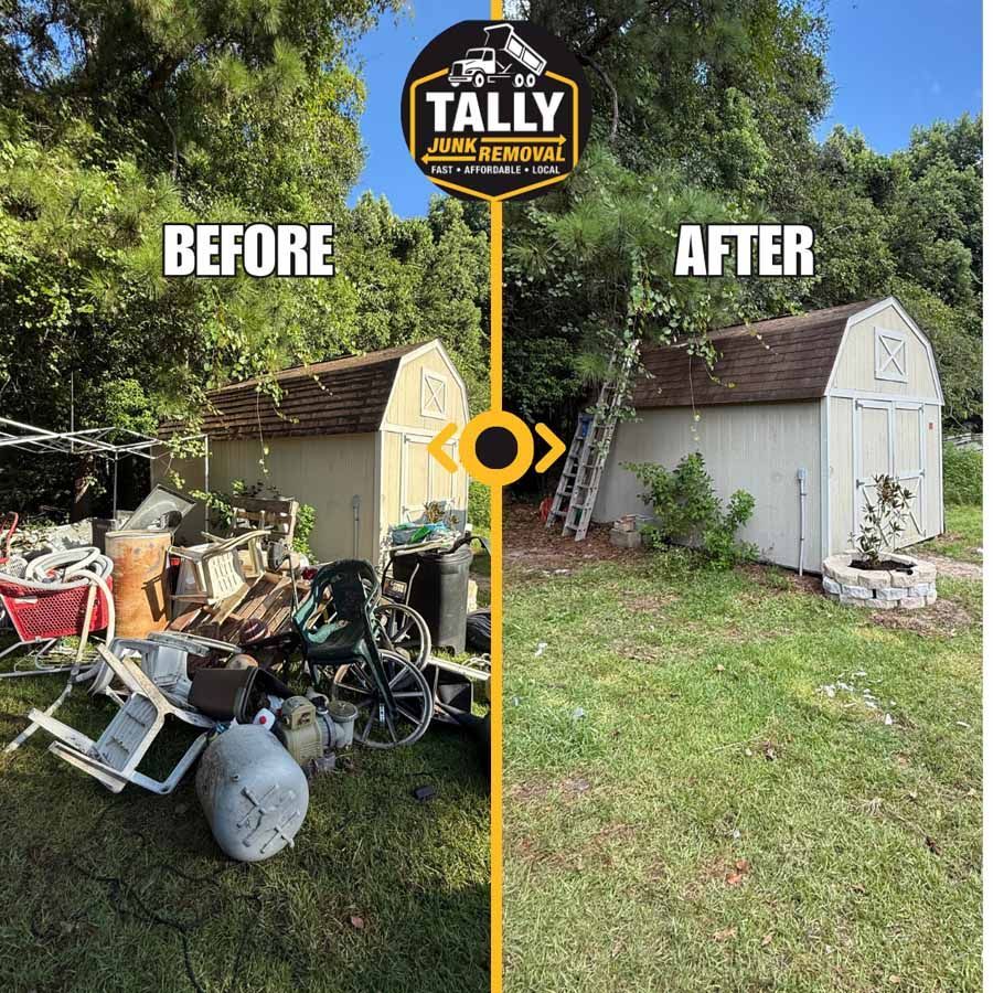 Before-and-after shed cleanup: cluttered yard on left, tidy white shed and lawn on right.