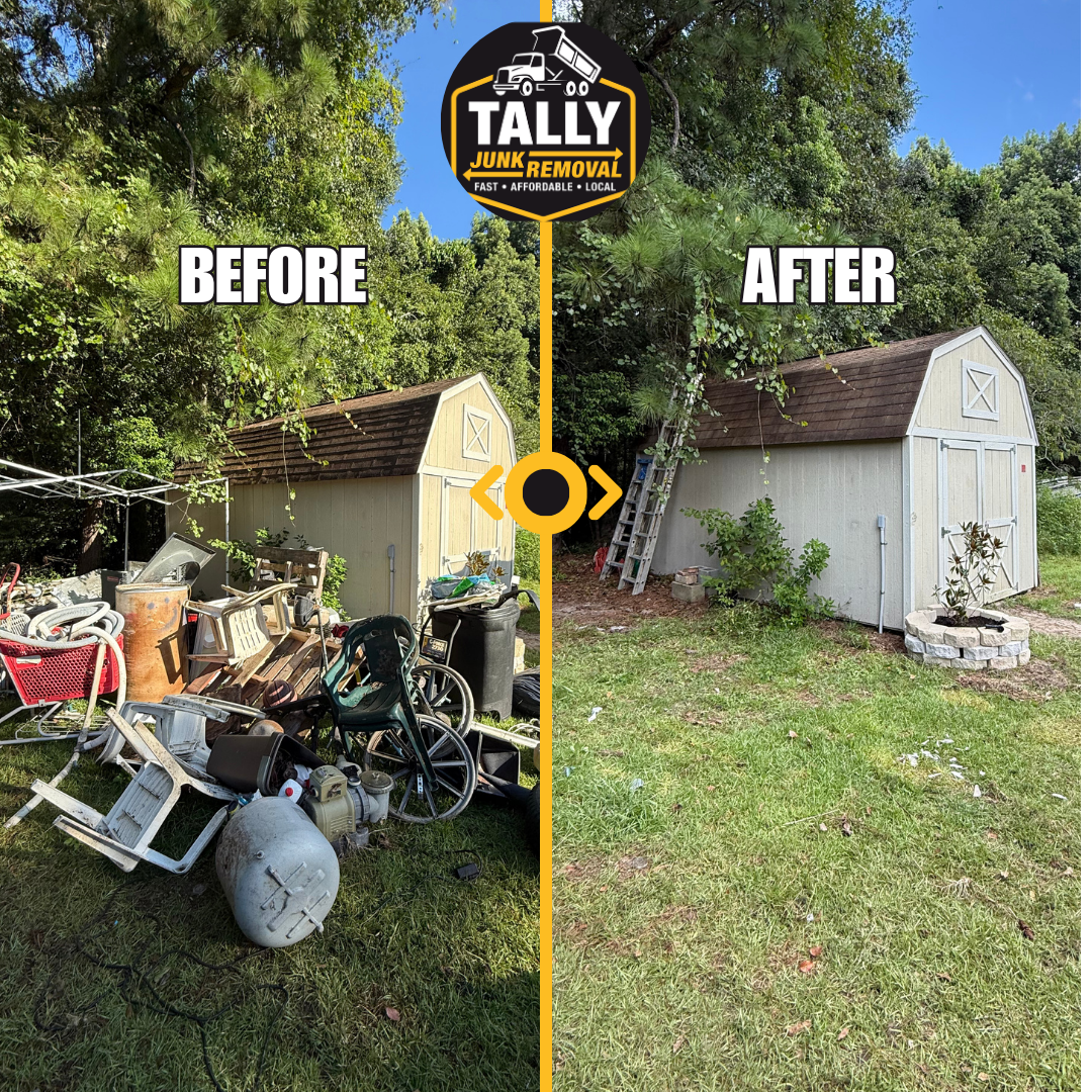 Before-and-after split view of a shed cleanup: cluttered yard on left, cleared yard and shed on right.