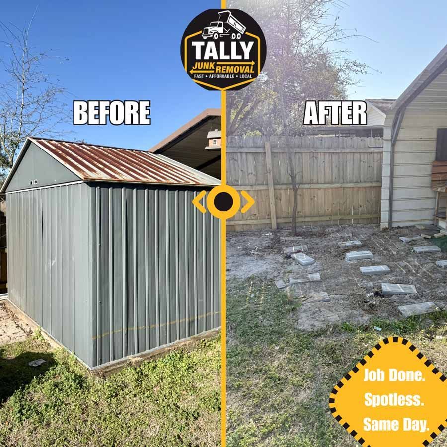Before-and-after of a backyard shed removal, showing a metal shed replaced by cleared ground and a fence.