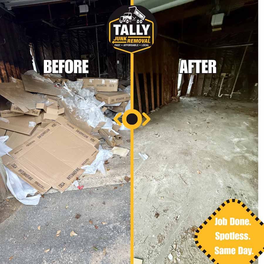 Before-and-after garage cleanup: cardboard clutter cleared to a bare floor.